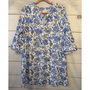 Jude Connally Women's Blue Floral Print Tunic Dress Size L Bell Sleeves